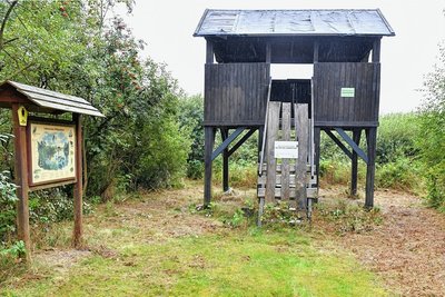 Am Mittwoch dieser Woche stand noch der alte gesperrte Beobachtungsstand am Teich, er soll nun abgerissen werden. 