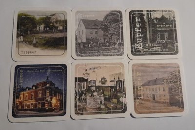 Bierdeckel für die Gaststätten, in denen seine Biere verkauft werden, liefert Müller gratis zu den Getränken. Auf ihnen zu sehen sind historische Aufnahmen der jeweiligen Wirtschaft.
