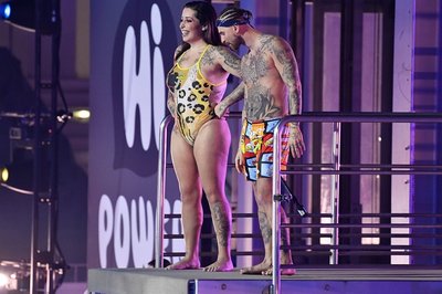 Schon beim vergangenen RTL-Turmspringen im Februar vergangenen Jahres hatte Gü-Sport die prominenten Teilnehmer eingekleidet - hier Jolina Mennen und "Gigi" Luigi Birofio.
