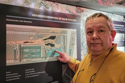 Museumsleiter Hermann Meinel erklärt die Abbautechnik der Wismut. Das Modell ist originalgetreu, sagt er.