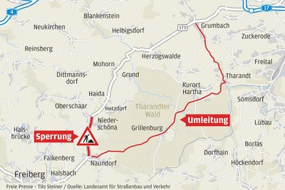 Die Umleitungsstrecke zur Sperrung der B 173 zwischen Naundorf und Niederschöna.
