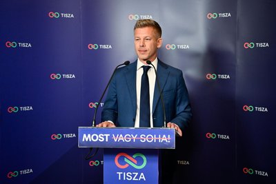 Peter Magyar, Vorsitzender der Oppositionspartei Tisza, kurz nach Schließung der Wahllokale.
