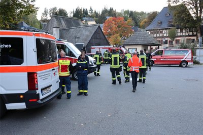 Am Donnerstagabend versammelten sich die Retter, darunter Helfer vom THW Reichenbach, auf dem Parkplatz vor dem Frohnauer Hammer. 18 Uhr wechselten sie im Verband an die knapp einen Kilometer entfernte Einsatzstelle.
