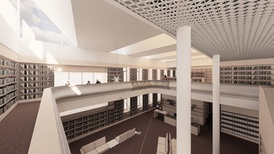 Der Entwurf des Architektenbüros sieht unter anderem einen zentralen Lesesaal mit raumhohen Bücherregalen vor. 