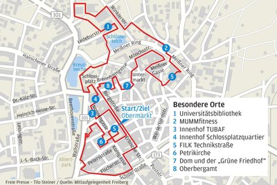Die Strecke des Mittsommerlaufs in Freiberg.