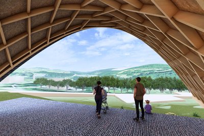 Blick ins Innere der hölzernen Empfangshalle: Besucher, die hindurch schreiten, soll sich eine weite Sicht auf den Kurpark von Bad Schlema bieten.