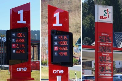 Blick auf die Preise an der Tankstelle „One1“ in Potucky – einmal in Euro (Foto l.), einmal in Kronen – sowie an der Star-Tankstelle in Johanngeorgenstadt (r.).