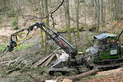 Die leichte Holzerntemaschine ist am Wiesenweg im Einsatz.