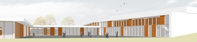 Das neue Schulzentrum: Links die eigentliche Schule, in der Mitte die Mensa und rechts die Sporthalle.