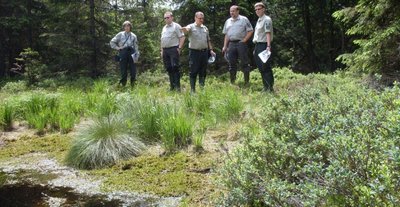 Welche Arbeiten noch im Moorgebiet in Deutscheinsiedel erforderlich sind, darüber klärte erst im Vorjahr Jens Nixdorf (M.), Sachbearbeiter Waldökologie und Naturschutz im Forstbezirk Marienberg, seine Kollegen auf.