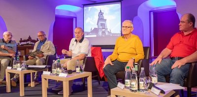 Talk-Runde auf Schloss Voigtsberg. Von links: Ekkehard Brückner, Helmut Baumann, Bernd Mädler, Günther Weller und Ronny Weller. 