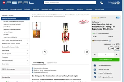 Auf der Schweizer Internetseite von Pearl wird der Nussknacker noch mit dem Zusatz "Erzgebirge-Stil" beworben. Auf dem deutschen Auftritt fehlt dieser. Laut Produktbeschreibung kann er nicht einmal Nüsse knacken.