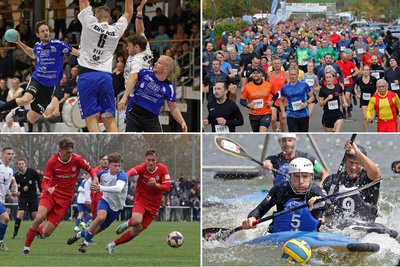 Das wartet im neuen Jahr sportlich in Glauchau: Abstiegskampf in der Handball-Regionalliga, Herbstlauf, Fußball-Sachsenpokal und Kanupolo-Bundesliga auf dem Stausee (von oben links im Uhrzeigersinn).