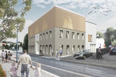 So soll das künftige Bürger- und Rathaus H-34 von Ellefeld aussehen: Der Dreigeschosser bietet Platz für Bürgersaal und Verwaltung, Läden und ein Café.