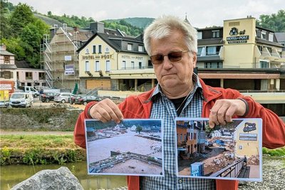 Gästeführer Thomas Winges. Bilder aus den Fluttagen hat er immer im Rucksack. In Altenahr hatten die Wassermassen besonders viel zerstört.