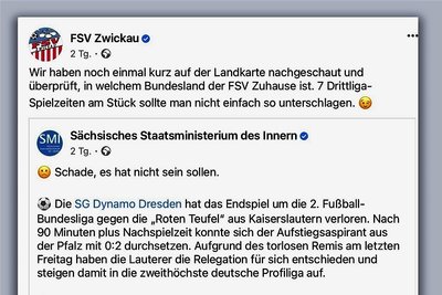 So reagierte der Fußball-Drittligist FSV Zwickau auf einen Facebook-Eintrag des für Sport zuständigen Innenministeriums. 