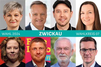 Die Kandidatinnen und Kandidaten von links oben nach rechts unten: Daniela Pfeifer (CDU), Andreas Gerold (AfD), Michael Berger (Die Linke), Mandy Bauch (Grüne), Antje Junghans (SPD), Björn Bunzel (FDP), Thomas Koutzky (BSW) und Daniel Sickert (Freie Wähler).