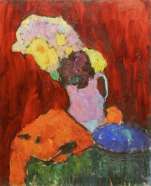 Blütenüppigkeit vor flammend roter Wand, Jawlenskys "Rotes Stillleben mit violettem Krug" von 1910. 