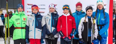 Starteten beim Schülercup für den ATSV Gebirge/Gelobtland - v. l.: Philipp Wieland (16./Prolog, 26./Distanz), Matthäus Hengst (11./19.), Marie Makosch (17./29.), Jolina Berthold (21./24.), Jasmina Oettel (38./41.), Mila Wolf (55./53.) und Lucienne Schöne (25./-). Leonie Böhm musste krankheitsbedingt passen.