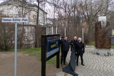 Der digitale Erinnerungsort am Wendedenkmal am Thomas-Küttler-Platz in Plauen.