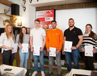 Das Olympiateam Wurf, das am Freitag offiziell berufen wurde, v. l.: Katharina Maisch, Jolina Lange, Steven Richter, Matteo Maulana, Korbinian Häßler, und Lea Bork. 