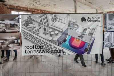 Die Modellzeichnung zeigt das Highlight des Hauptgebäudes: eine Bar mit Dachterrasse und einem Basketballfeld. 