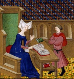 Die Philosophin Christine de Pizan (links).
