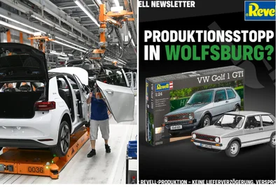 Steht im VW-Werk Zwickau (links) ab nächster Woche Kurzarbeit an? Der Konzern widerspricht einem Bericht der „Bild“. Derweil nutzt Revell die Chipkrise bei VW für Werbung in eigener sache.
