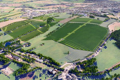 So könnte der 66 Hektar große Solarpark samt Ausgleichs- und Grünflächen laut Planer aussehen. Rechts im Bild: die B 95. Oben zu sehen: das Neubaugebiet am Herzog-Georg-Ring in Annaberg.