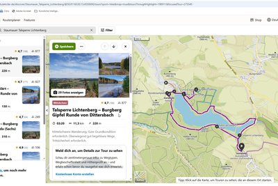 Die Outdoor-Plattform Komoot schlägt eine 11,3 Kilometer lange Runde um die Talsperre Lichtenberg vor.