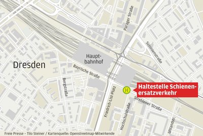 Die SEV-Haltestelle am Hauptbahnhof Dresden befindet sich auf der Strehlener Straße.