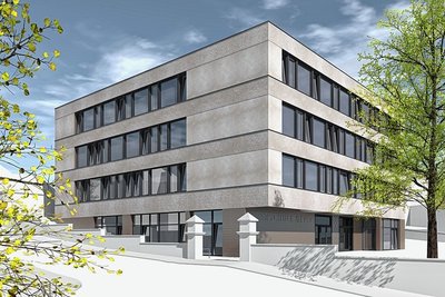 Diese Grafik zeigt einen Entwurf der Freien Oberschule Geyer, die im Auftrag des Instituts für Ausbildung Jugendlicher gebaut wird. Die Bildungseinrichtung entsteht an der Ehrenfriedersdorfer Straße. 
