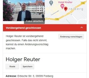 Screenshot bei Google: Holger Reuter ist vorübergehend geschlossen.