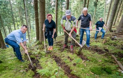 Revierförster Thomas Baader (3. v. l.) zeigte Torsten Herbst (links), Ulrike Harzer und Michael Rudolph (4. v. l.), wie mit einer sogenannten Wiedehopfhacke der Humusboden freigelegt wird.