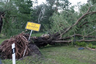 In Gröditz, nahe der Grenze zu Brandenburg, hinterließ eine heftige Fallböe („Downburst“) am Dienstag schwere Schäden. Zunächst war von einem Tornado die Rede gewesen.