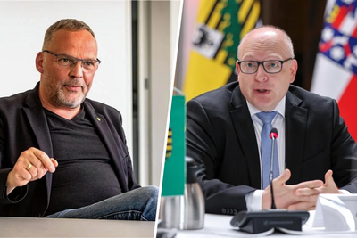 Mittelsachsens Landrat Dirk Neubauer (parteilos, links im Bild) und der Chemnitzer Oberbürgermeister Sven Schulze (SPD) äußern sich zu den Vereinbarungen beim Bund-Länger-Gipfel, der am Montagabend startete.