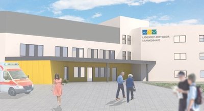 So soll der neue Anbau mit Integriertem Notfallzentrum (Erdgeschoss) undSectioraum (1. Obergeschoss) aussehen. An der Stelle steht jetzt noch ein größerer Altbau, der 2023 abgerissen wird. 