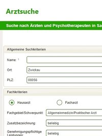 Ein Ausschnitt der Arztsuche auf der Internetpräsenz der KVS Sachsen.