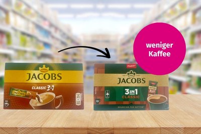 Früher waren im „3in1 Kaffeestick“ von Jacobs 1,44 Gramm löslicher Bohnenkaffee, nun sind es nur noch 1,2 Gramm.