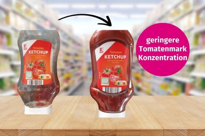 Kaufland-Ketchup: statt 73 Prozent doppelt konzentriertes Tomatenmark nur 72 Prozent einfach konzentriertes.