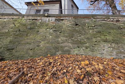 Ein Blick auf die Stadtmauer hinter der St. Michaeliskirche in Adorf. Sie muss dringend saniert werden.