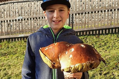 Einen mehr als 1,7 Kilogramm schweren Steinpilz hält Jannik Grimm in den Händen. 