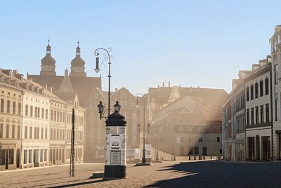 Erste Eindrücke aus dem Projekt hat das Team bereits veröffentlicht. Das Bild zeigt den Neustadtplatz vor 1945. 