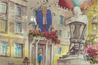 Ex-OB Vettermann hat zur Illustration seiner Geschichte Trump auf den Zwickauer Rathausbalkon montiert.