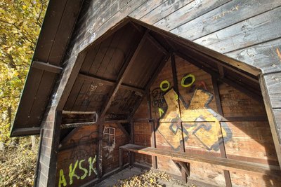 Graffiti an Holzhäusern und der Aussichtsplattform am Großen Teich gehören im Limbacher Teichgebiet inzwischen zum traurigen Alltag.