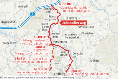 Auf drei verschiedenen Strecken gelangen Pilger am Pfingstmontag nach Großschirma. Zwischen Freiberg und Siebenlehn verläuft der Johanniterweg. 