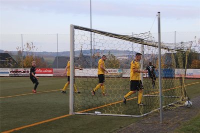 Die endgültige Entscheidung: Paul Goldhahn (Nr. 9) dreht nach seinem zweiten Treffer zum 6:2 für Concordia Schneeberg jubelnd ab, Neustädtels Florian Schürer holt die Kugel entnervt aus dem Netz. Foto: Josef Dührig