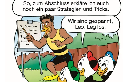 Zehnkämpfer Leo Neugebauer erklärt als Comic-Held „Quakgebauer" Tick, Trick und Track, wie sie in Entenhausen ihre Mitschüler schlagen können.