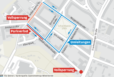 Wegen der Bauarbeiten auf der Hilbersdorfer Straße gibt es ein Parkverbot auf der Rudolf-Liebold-Straße. Eine weitere Vollsperrung wegen eines Neubaus gibt es an der Einmündung zur Frankenberger Straße. 