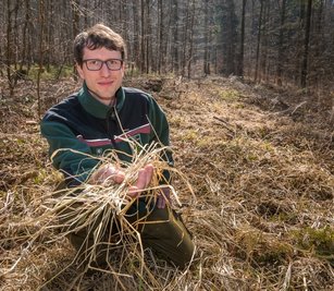 Förster Alexander Wagner zeigt im Olbernhauer Revier trockene Gräser. Sie sind angesichts der derzeitigen Trockenheit ähnlich wie abgestorbene Äste oder Laub besonders leicht entflammbar. 
